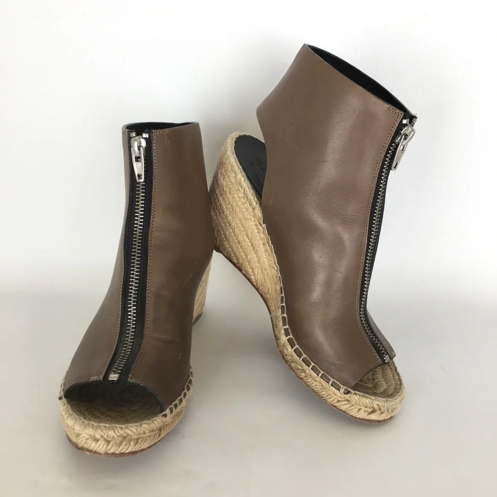 Celine Leather Espadrille Wedges Zipper Sandals Tan Taupe Peep Toe Designer
